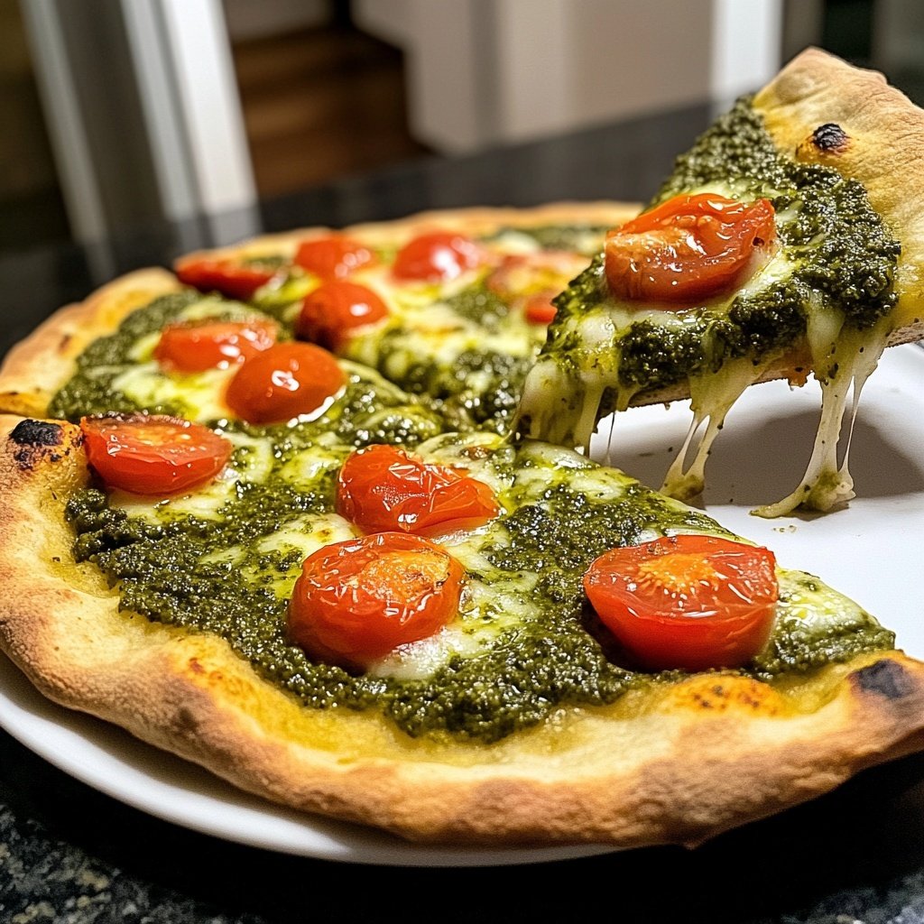 Pizza mit Pesto und Kirschtomaten