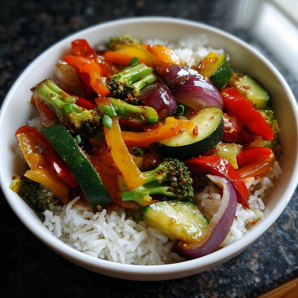 Abendessen mit Gemüsepfanne und Reis